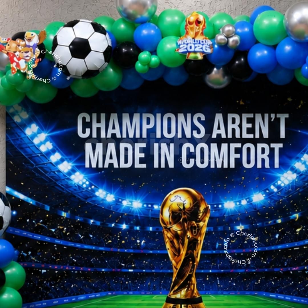 Football Party Backdrop With Motivational Sports Text And Football Decoration Styling And Accents.