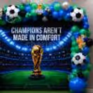Football Flex Background With Football Balloon Decorations And A Colourful Blue, Green And Silver Balloon Arrangement.