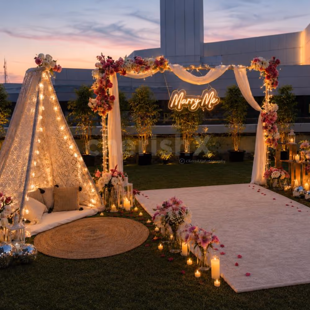 boho themed proposal setup under the stars in gurugram
