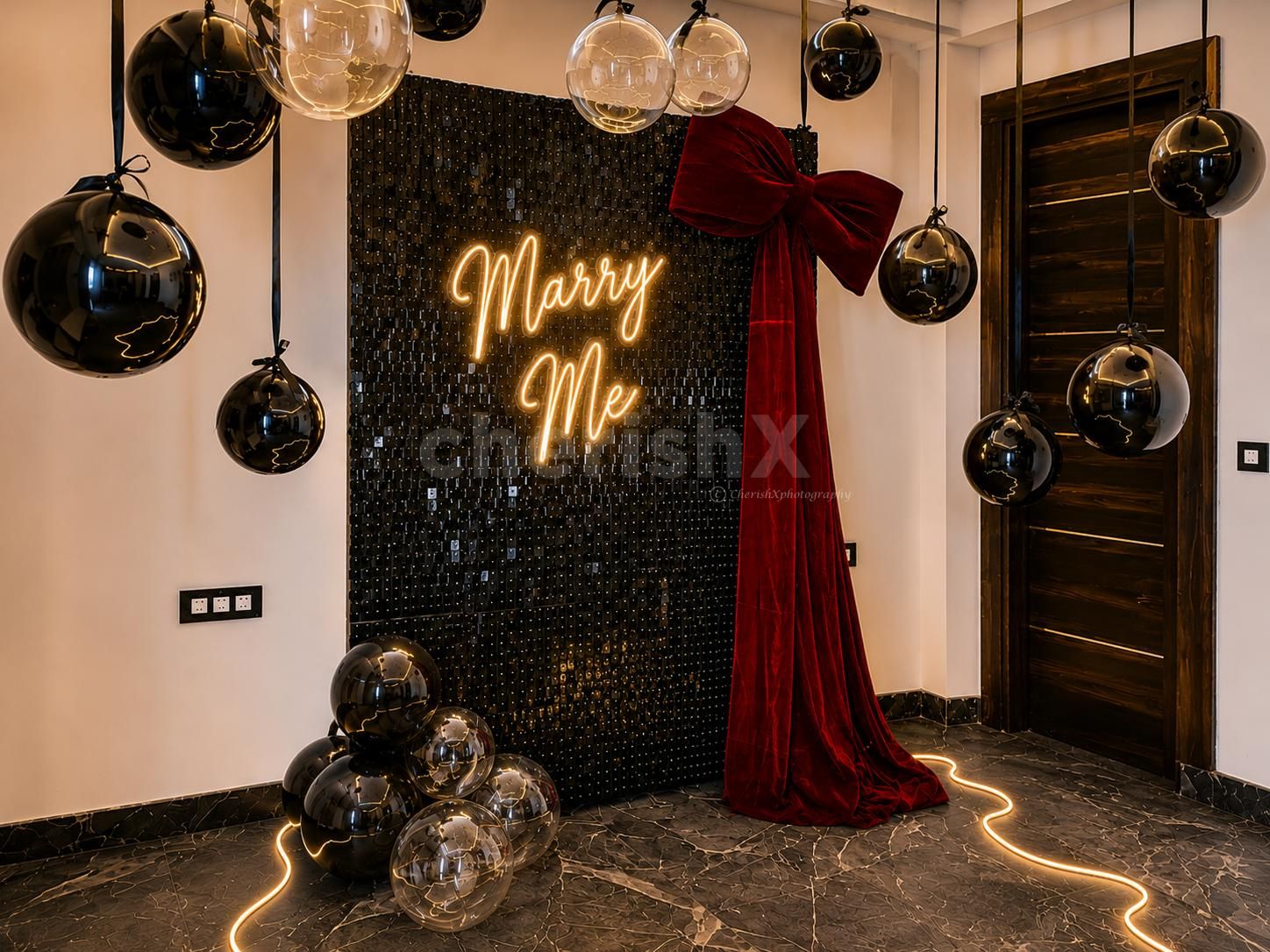 Create an unforgettable proposal moment with CherishX’s Red Bow Marry Me Decor, designed with a glowing neon sign and dreamy romantic styling.