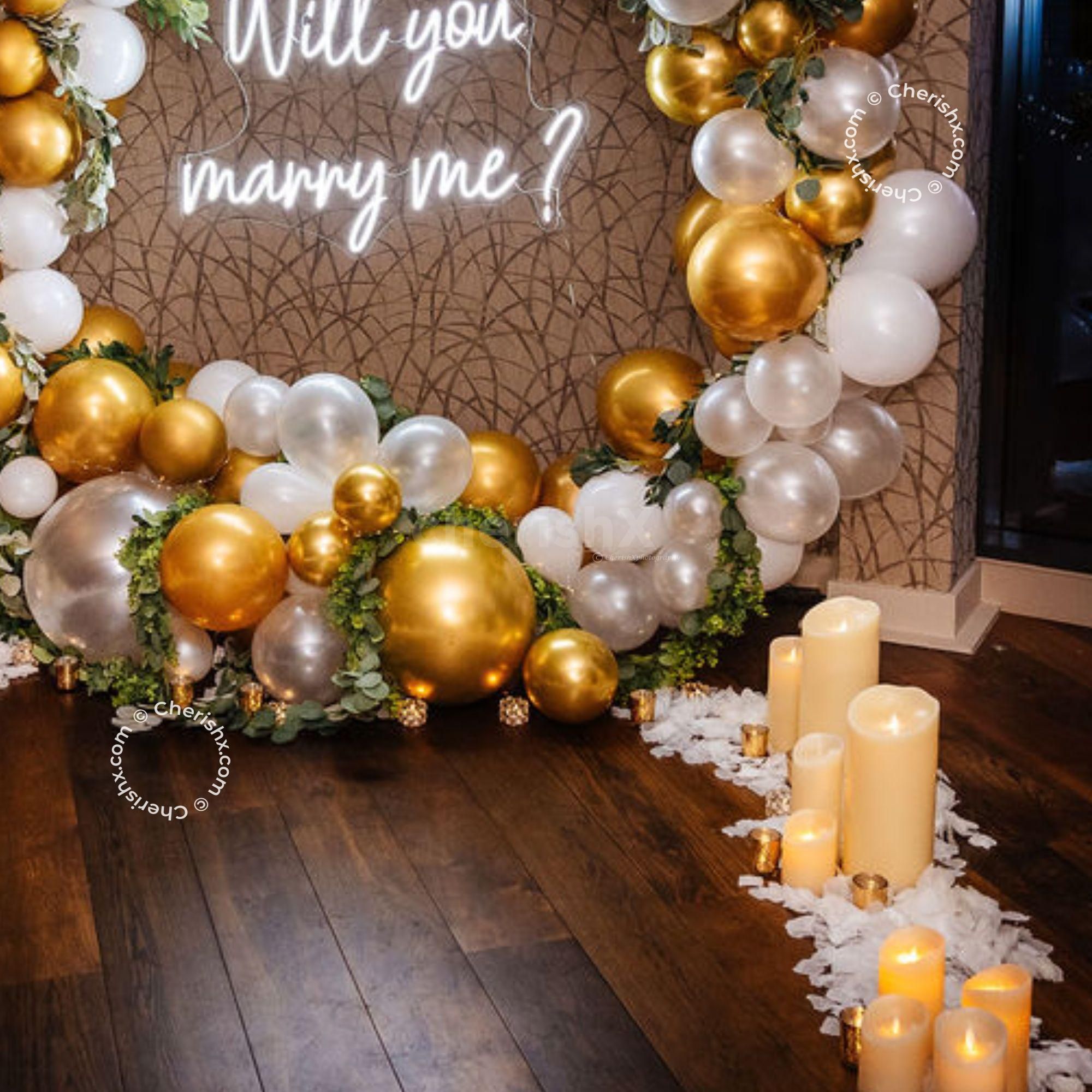 Wooden Decorative Path With Led Candles And White Flower Petals On Its Surface.