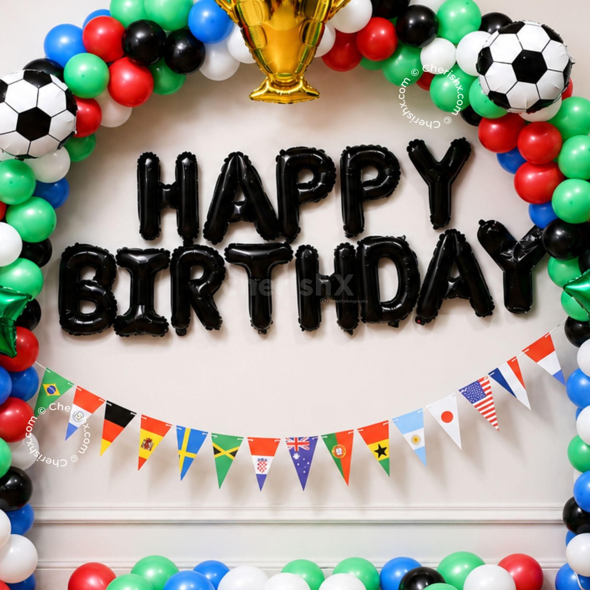Red, Green, Black And White Balloon Birthday Decoration In Championship Style.