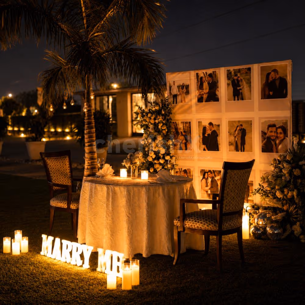 Romantic candlelight dining setup with a personalized photo wall, floral décor, and glowing candles for couples.