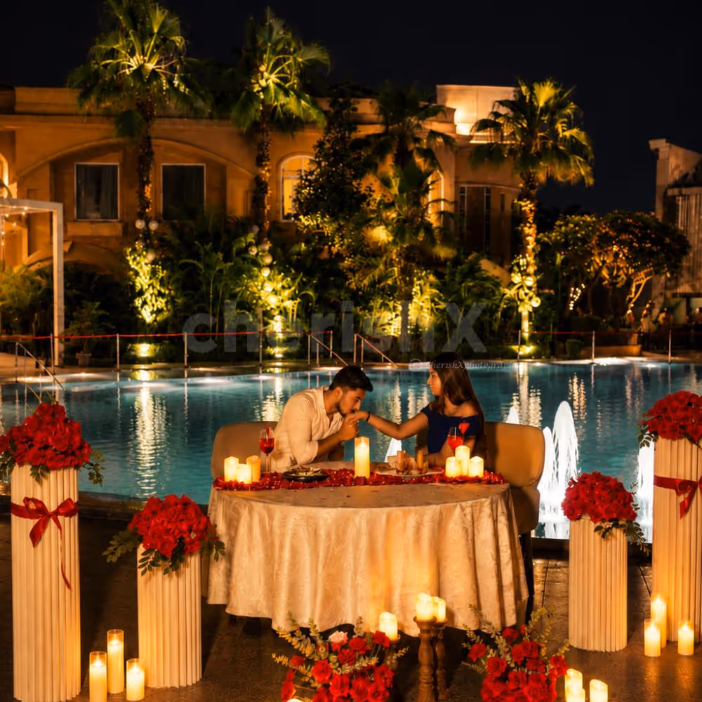 Couple enjoying a romantic poolside dining experience surrounded by red roses, candlelight, and a softly illuminated pool under the night sky