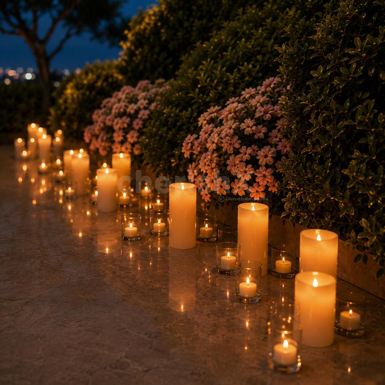 Beautiful outdoor proposal decoration by CherishX with a candlelit pathway, soft flowers, and romantic garden ambience.
