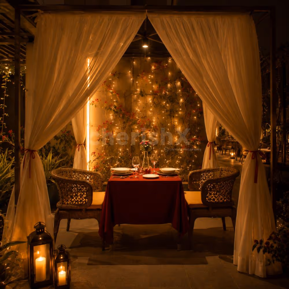 Private cabana dinner for couples with elegant romantic decorations