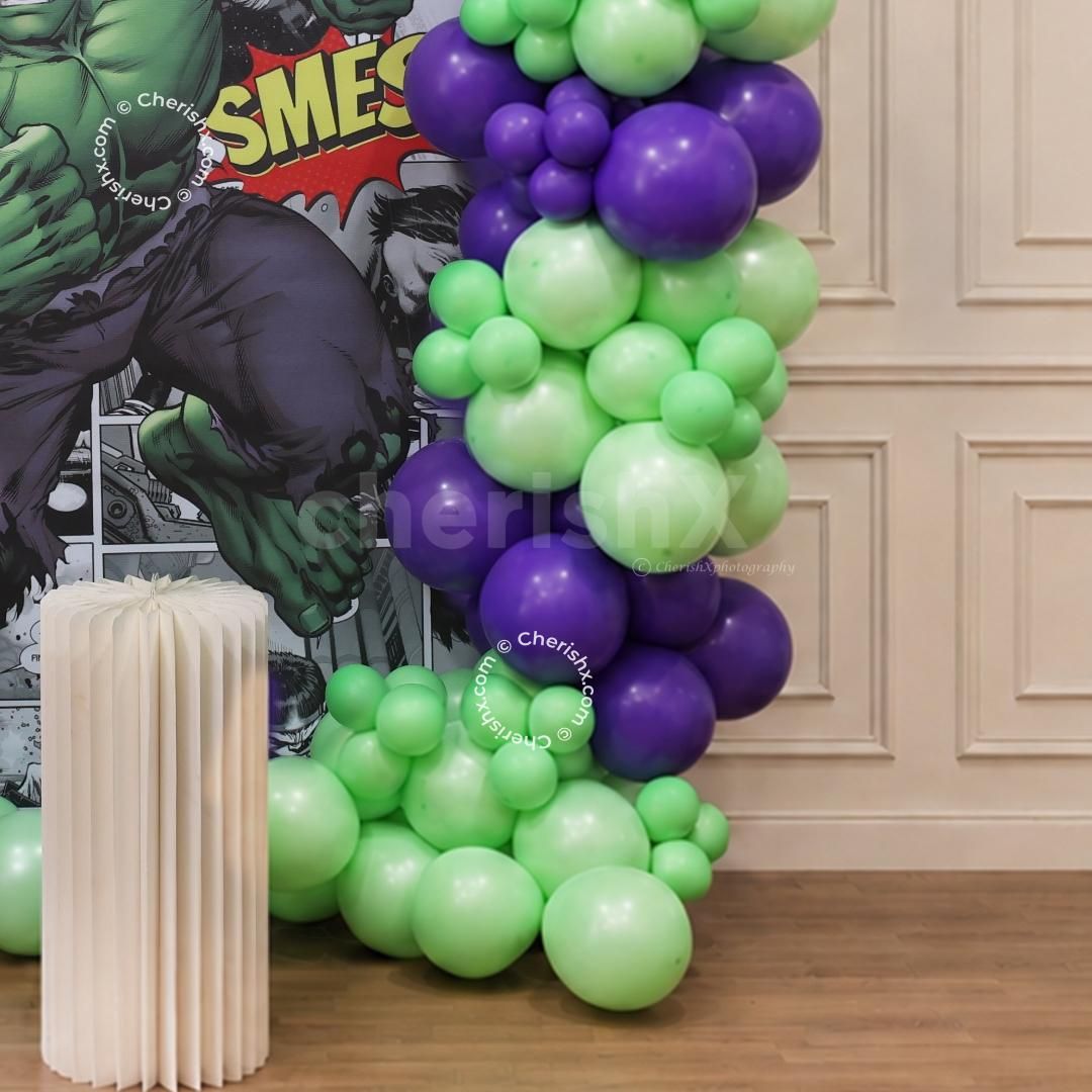 Purple And Green Tones Decorative Balloon Arrangement For A Birthday Celebration.