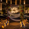 Luxury poolside proposal setup with romantic candlelight décor, flower petals, and private dining arrangement for couples.