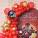All types of balloon arches with an Iron Man theme for birthday background.