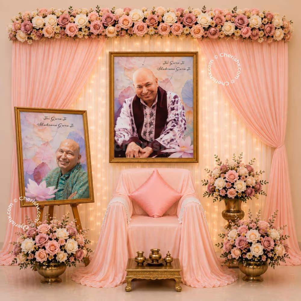 The Devotional Display Was Set Up By Shukrana Satsang With Blush Drapes, A Floral Border At The Top And A Central Devotional Display.