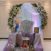 Guru Ji Blessing Corner With A Beautiful Chair, Framed Portrait, White Floral Arch And Softly Lit Satin Backdrop.