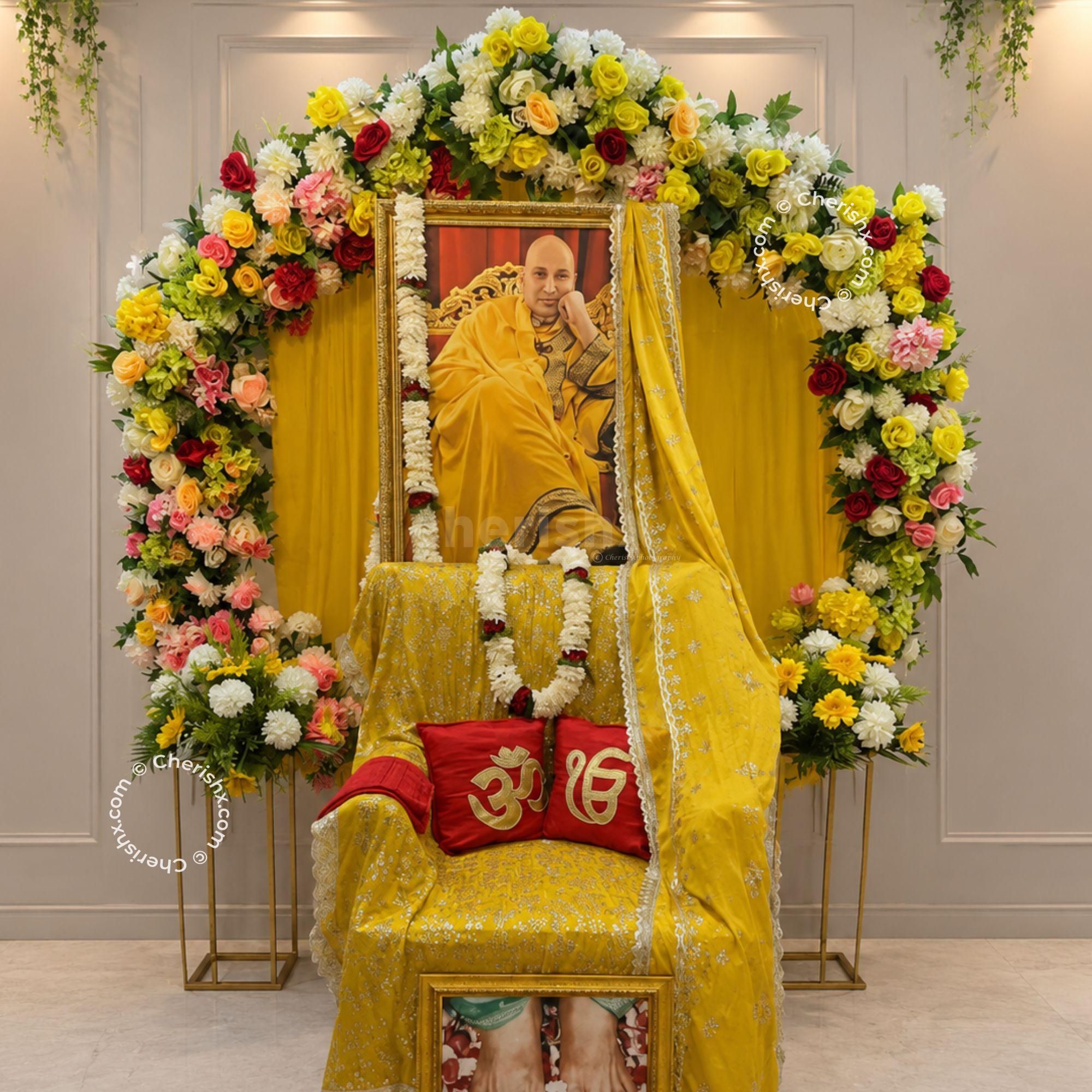 Beautiful Devotional Decoration With A Floral Ring Stand, Mixed Greenery And Coloured Flowers For A Devotional Celebration.