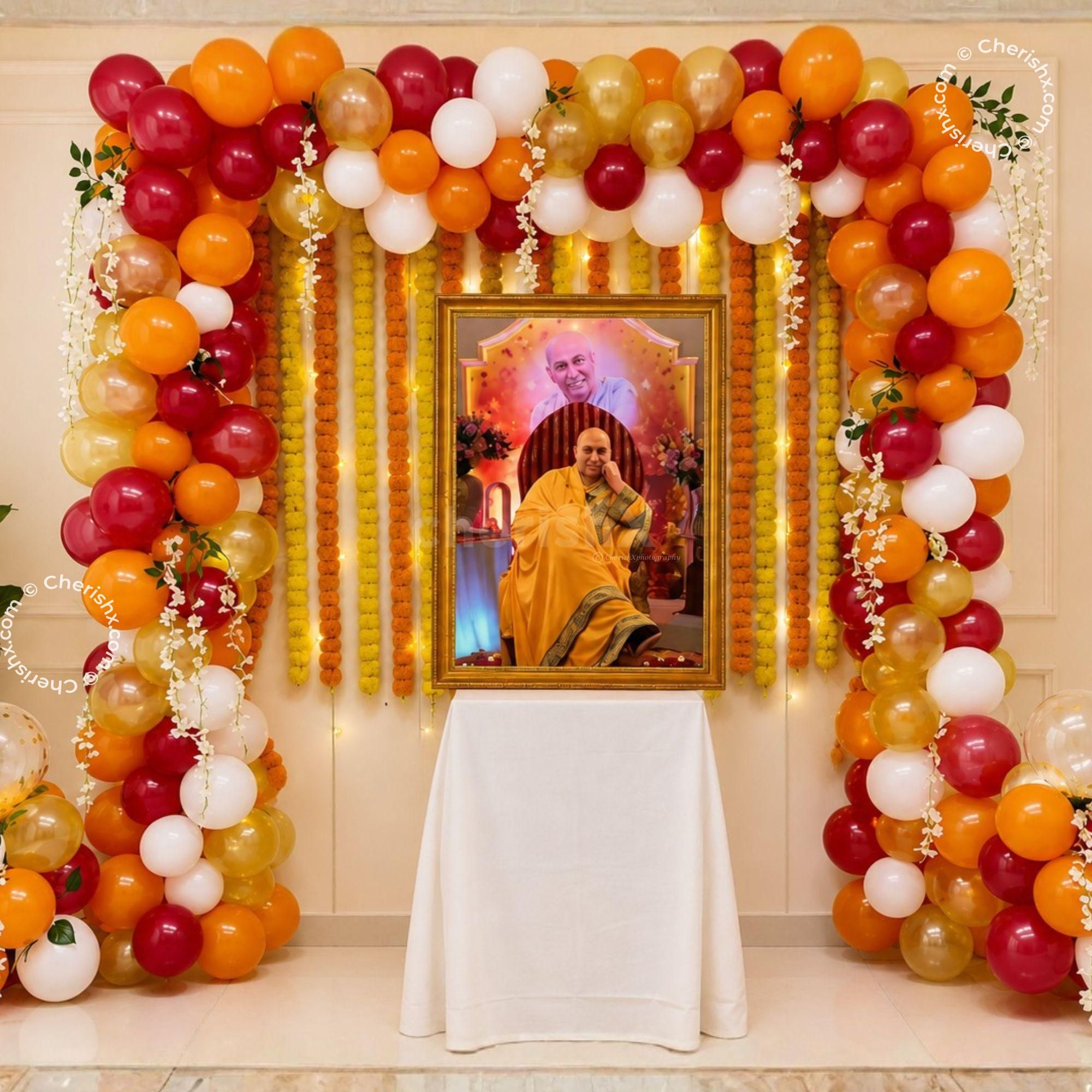 Elegant Celebration Arrangement With White, Orange, Maroon And Golden Balloons. Framing A Peaceful Prayer Setup Inside.