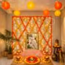 Traditional Guru Ji decoration with flowers and festive lanterns.