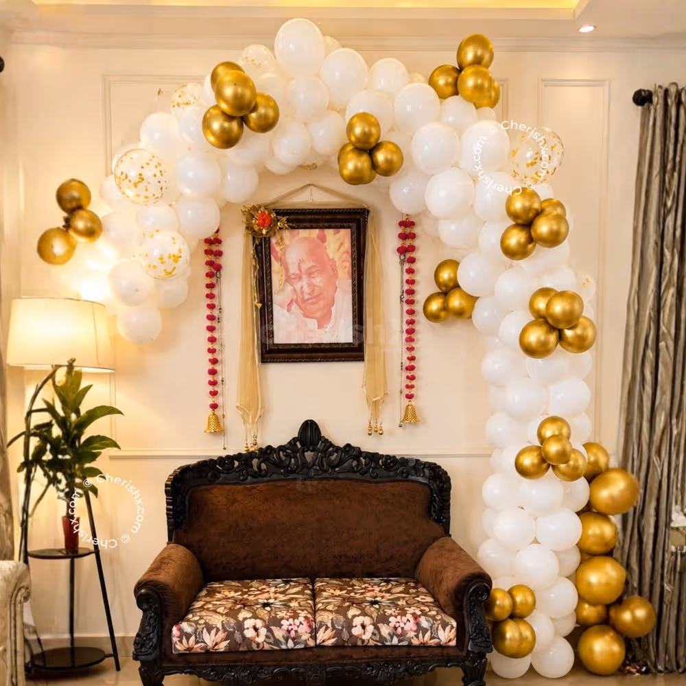A Decor with White & Gold Balloon Bunch for Guruji's Birthday by CherishX!