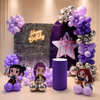 Happy Birthday Neon Light, Purple Balloon Arch, And Sequin Backdrop For A Birthday.