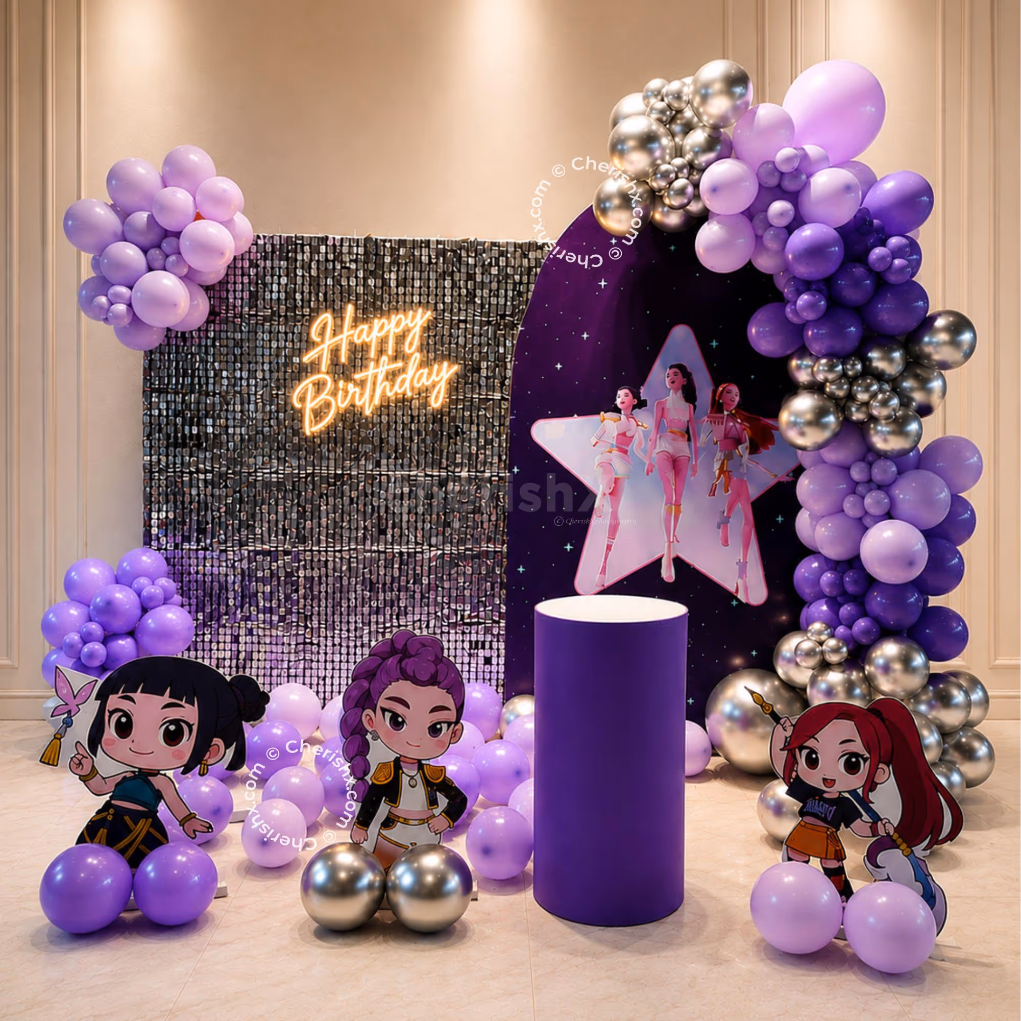 Happy Birthday Neon Light, Purple Balloon Arch, And Sequin Backdrop For A Birthday.