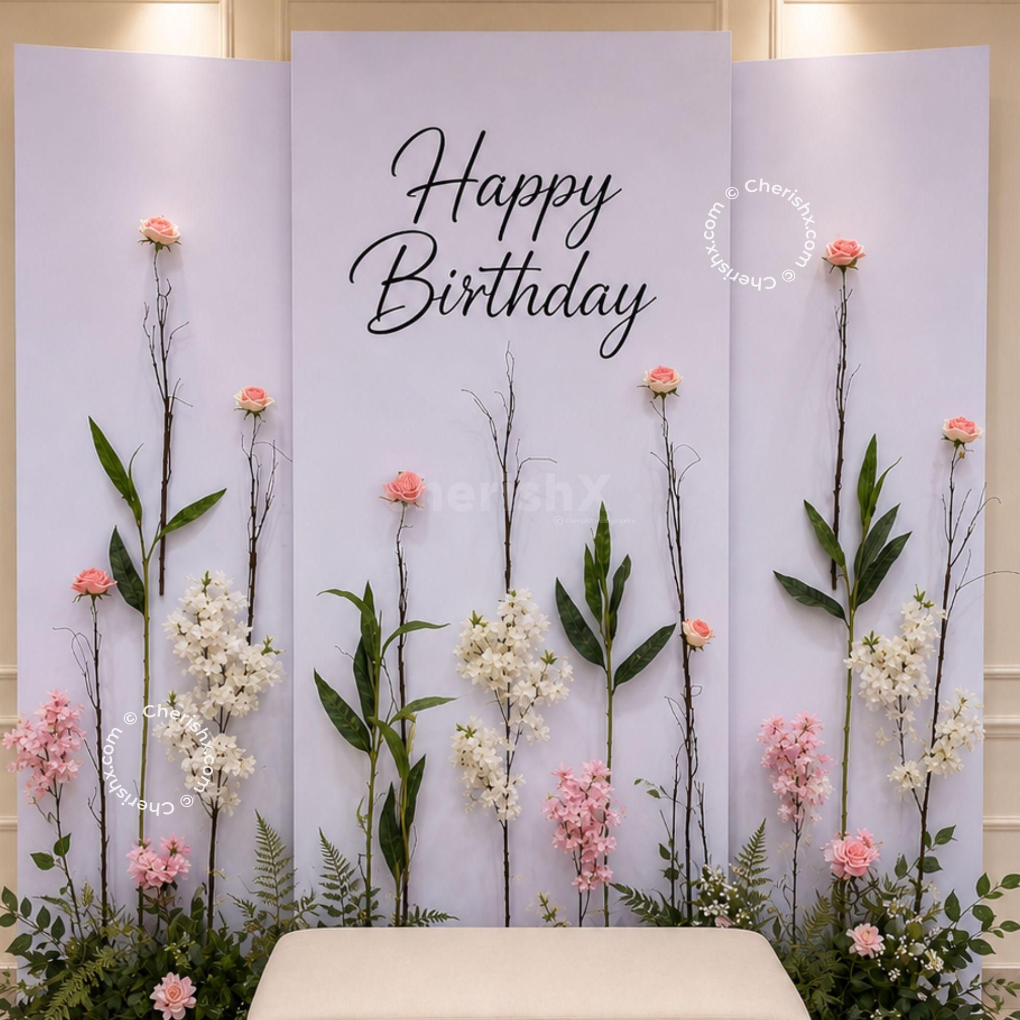 Beautiful Birthday Background, Decorative Plants, Flower Design And Quality Sunboard Panels.