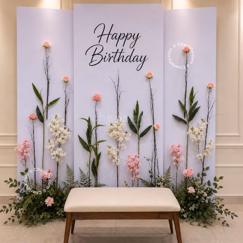 Elegant Sunboard Garden Birthday Backdrop With Pastel Artificial Flowers And Lush Green Leaf Design.