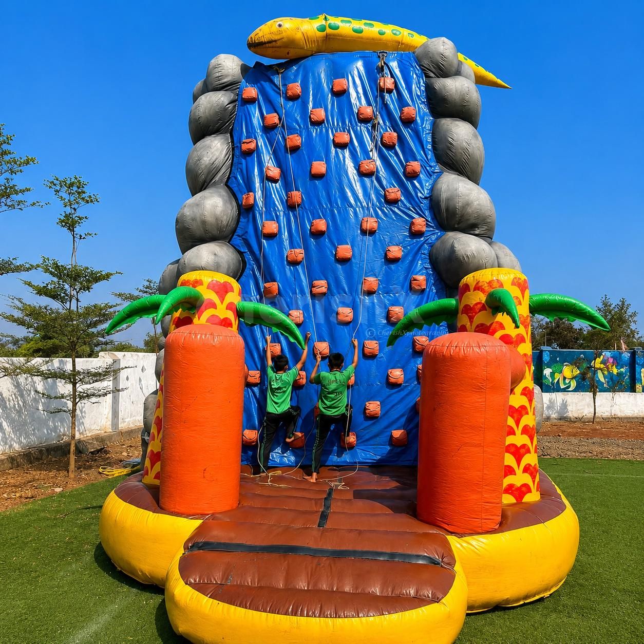 Kids enjoying a colorful inflatable rock climbing wall at an outdoor birthday party with a safe climbing structure and cushioned landing area.