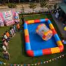 Aerial photos of the whole water zorbing system with water roller and inflatable swimming pool.