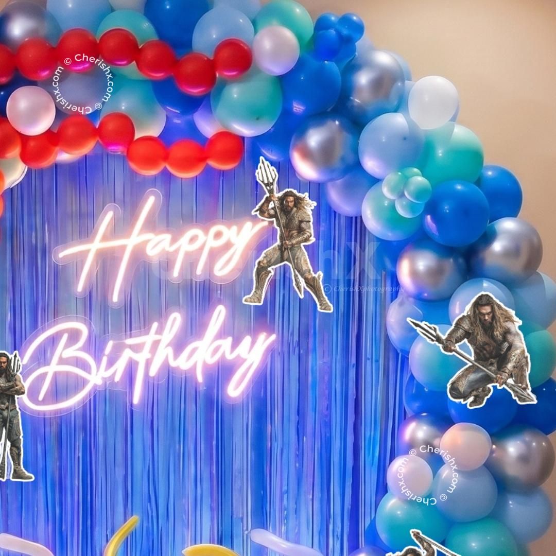 Image Of Product Inclusions Showing Full Decoration Package Including Ring Stand, Balloon Arrangement, Neon Light, Themed Cutouts And Bt Balloons.