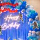 Image Of Product Inclusions Showing Full Decoration Package Including Ring Stand, Balloon Arrangement, Neon Light, Themed Cutouts And Bt Balloons.