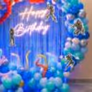 Superhero Character Accent Blue Fringe Curtain With Birthday Message Lit.