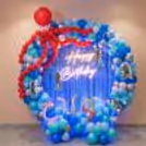 Ocean Design Birthday Backdrop With A Big Happy Birthday Sign And A Red Balloon Octopus.