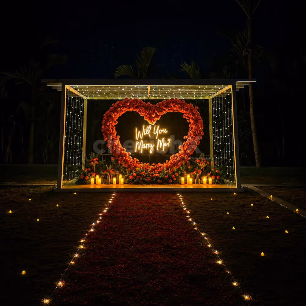 Luxury proposal setup featuring a grand red roses heart décor, candlelight dinner, and romantic ambience for an unforgettable marriage proposal.