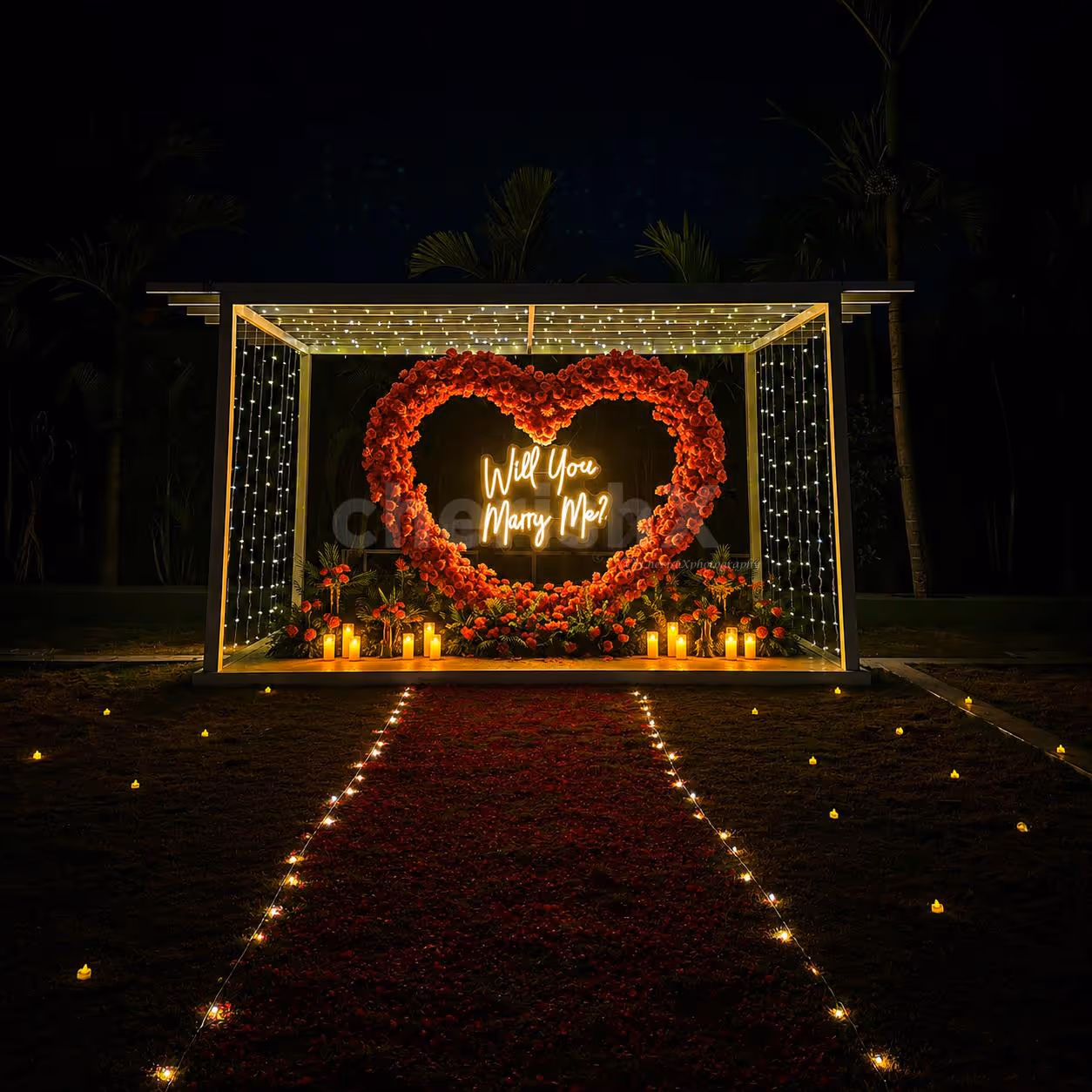Luxury proposal setup featuring a grand red roses heart décor, candlelight dinner, and romantic ambience for an unforgettable marriage proposal.