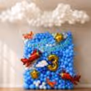 Airplane balloon wall theme decoration with blue balloon background, white balloon clouds, balloon airplane number foil, airplane foil balloon.