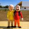 Motu Patlu mascot characters posing with kids during a birthday celebration and family event.