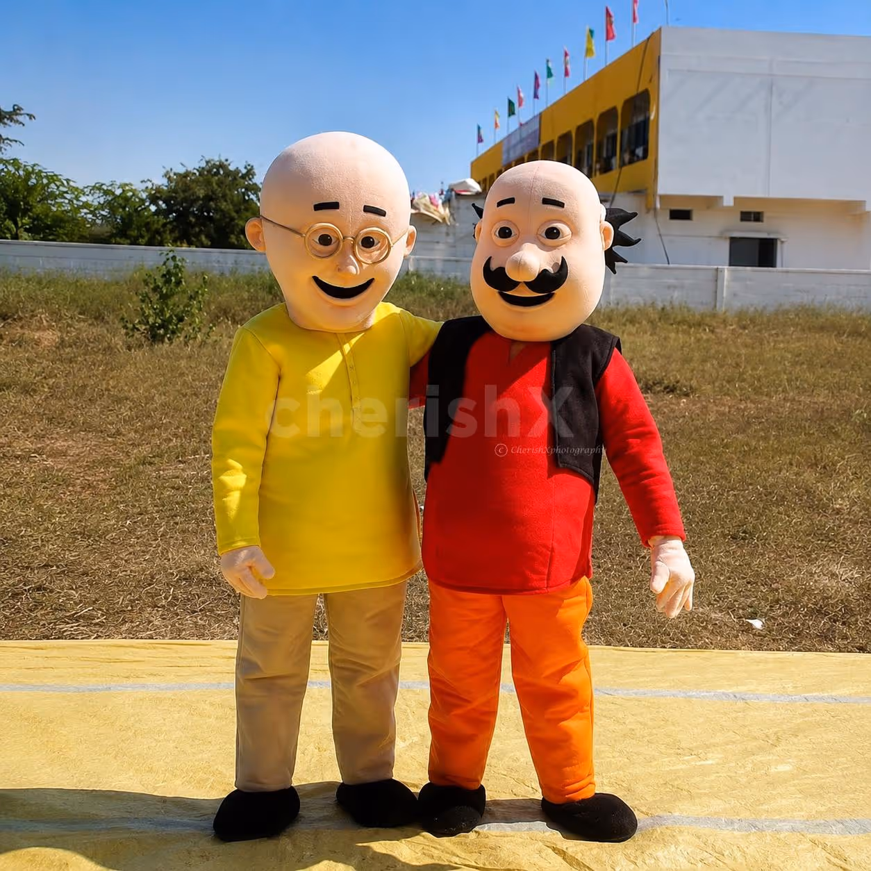 Motu Patlu mascot characters posing with kids during a birthday celebration and family event.