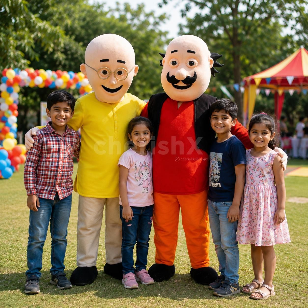 Live Motu Patlu mascot entertaining children at a birthday party with fun interactions, photos, and games.