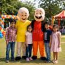 Motu and Patlu mascot characters at an outdoor birthday party with children.