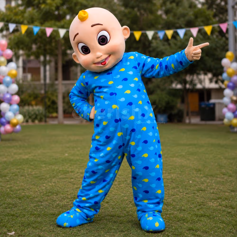 Baby mascot character entertaining children at a birthday party with fun interactions, photo opportunities, and lively celebrations.