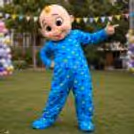 The Cocomelon mascot is at the entrance of the party to greet the kids and birthday fun!
