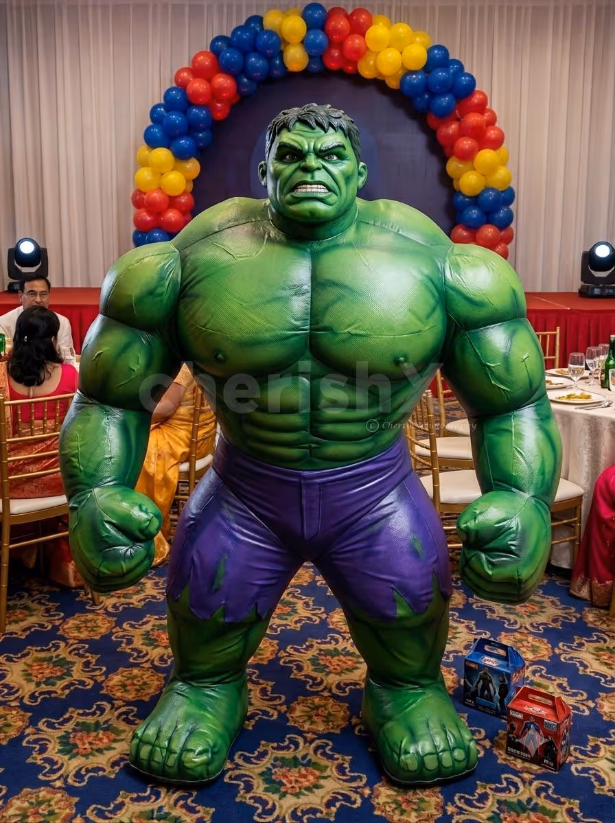 Live Hulk mascot entertaining children at a birthday party with fun interactions, superhero poses, and memorable photo opportunities.