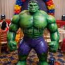 Hulk inflatable costume with muscle features in a vibrant birthday party setting.