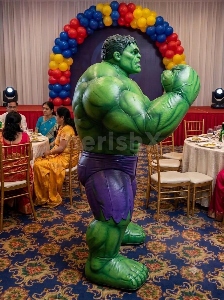 Life-size Hulk mascot for kids' birthday parties, school events, apartment celebrations, and superhero-themed events.