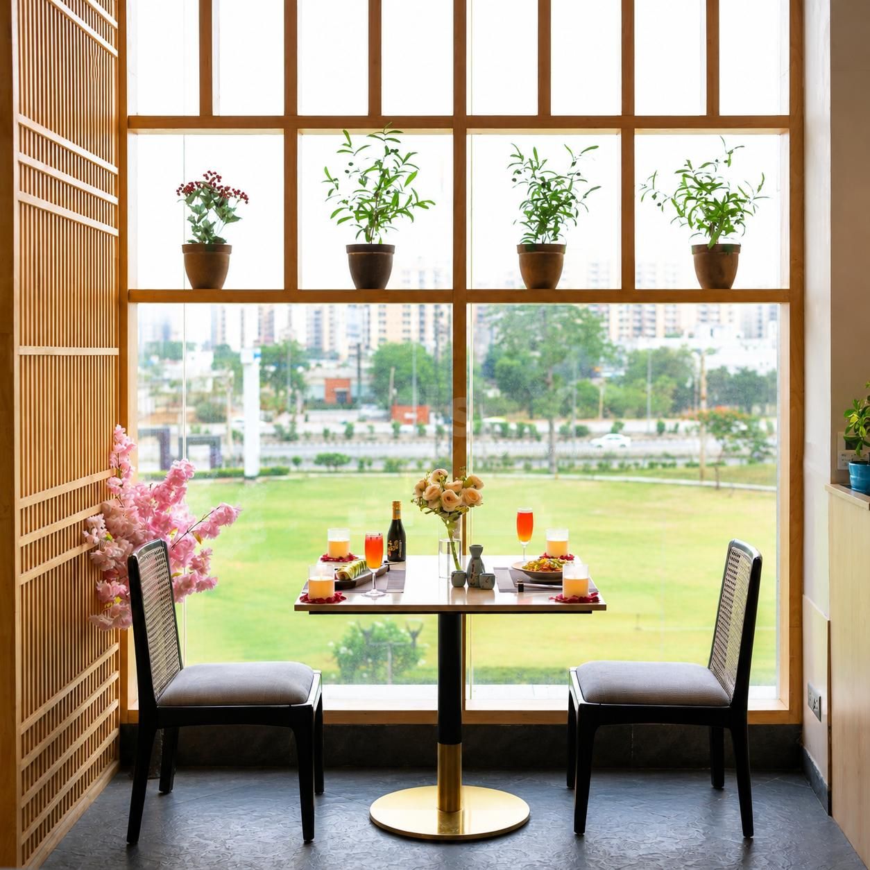 Elegant window-side dining table featuring sushi platter, refreshing mocktails, candlelight décor, and a scenic outdoor view.