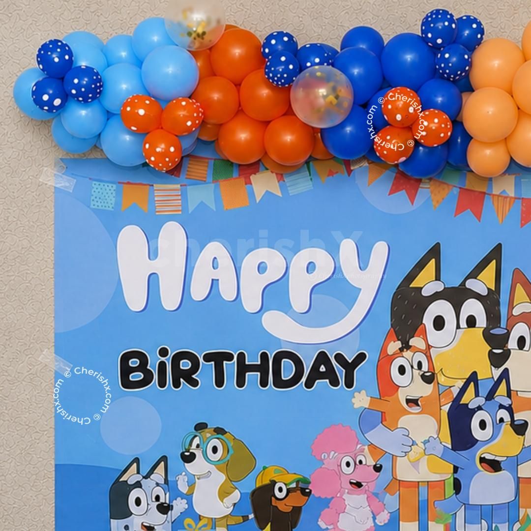 Golden Confetti, Orange And Dark Blue Polka Dot Balloons Add A Glam Twist To The Kids' Birthday Decor