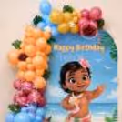 Close-up of a colourful balloon display with tropical leaves and flowers and balloons in different colours: peach, yellow, pink and blue.