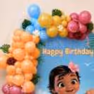 Tropical theme birthday background print with colorful flowers, greenery and pastel organic balloon design.