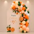 This eye-catching orange birthday background is made with orange, white, green, peach, and pastel yellow balloons.