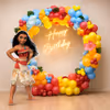 Moana Birthday decoration comes with a large colourful balloon arch and a Moana full-size cutout.