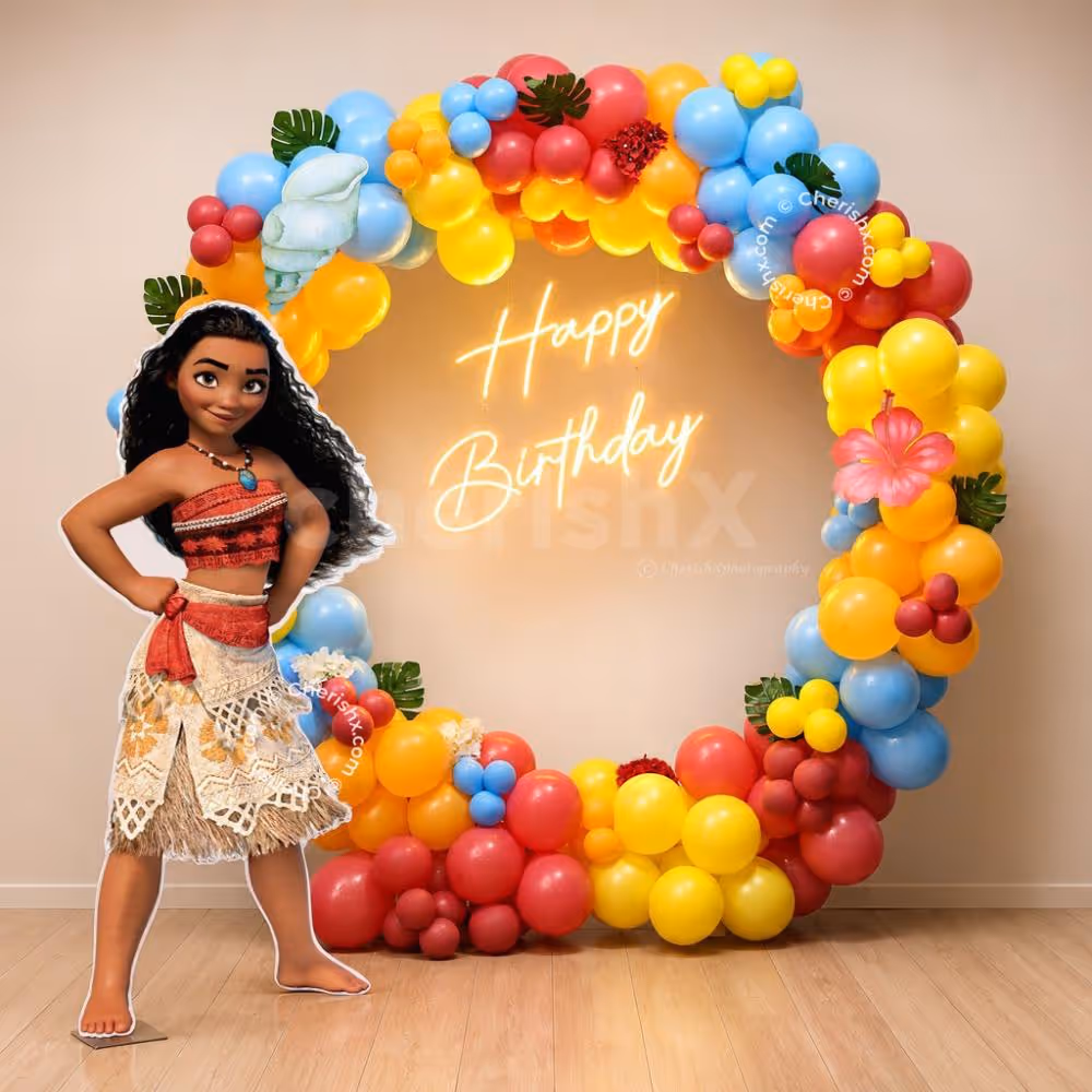 Moana Birthday decoration comes with a large colourful balloon arch and a Moana full-size cutout.