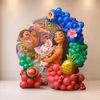 Tropical flex ring backdrop with colourful balloon arch and character artwork for Moana.