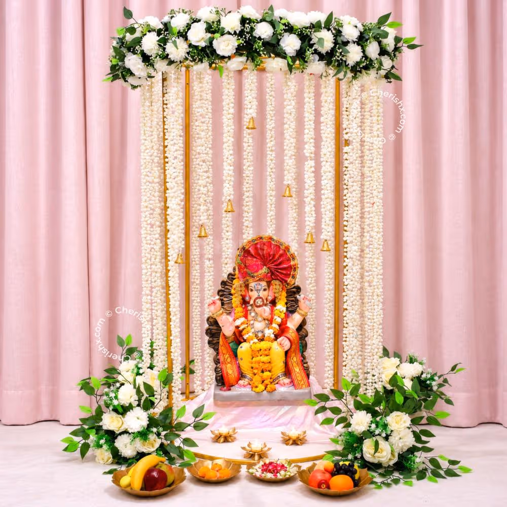 Golden Frame White Jasmine Ganesh Decor
